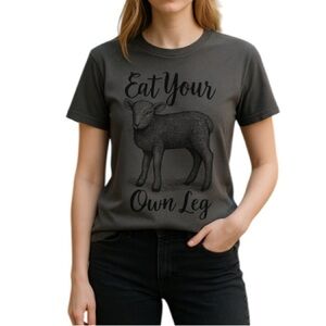 HARM LESS THREADS Eat Your Own Leg Lamb Graphic Tee Grey Short Sleeve Crew L
